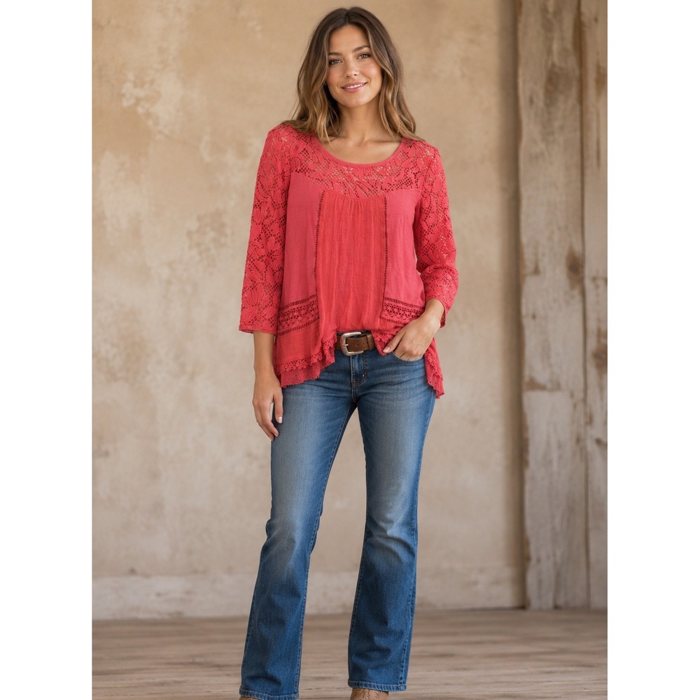 Hannah Boho Pink Lace 3/4 Sleeve L Career Sheer Gauze Western Coquette